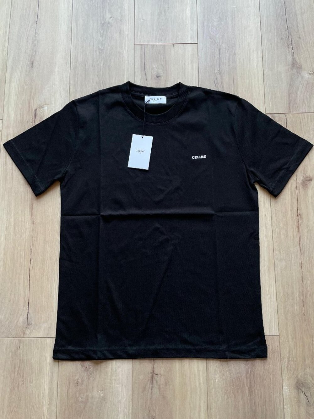 Small Celine Men's Logo Basic Cotton Black T-Shirt Relaxed Fit Short Sleeve